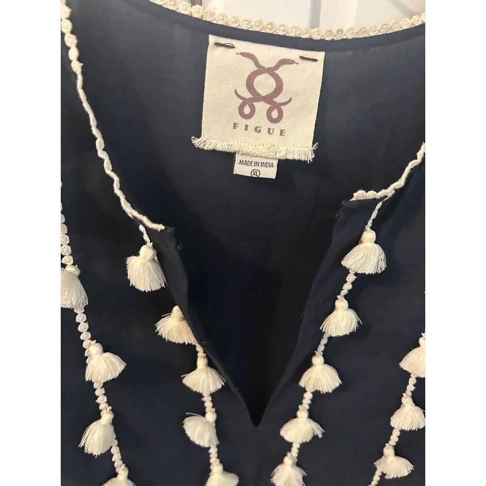 Figue navy tunic with fringe/ pompom around neck and sleeves